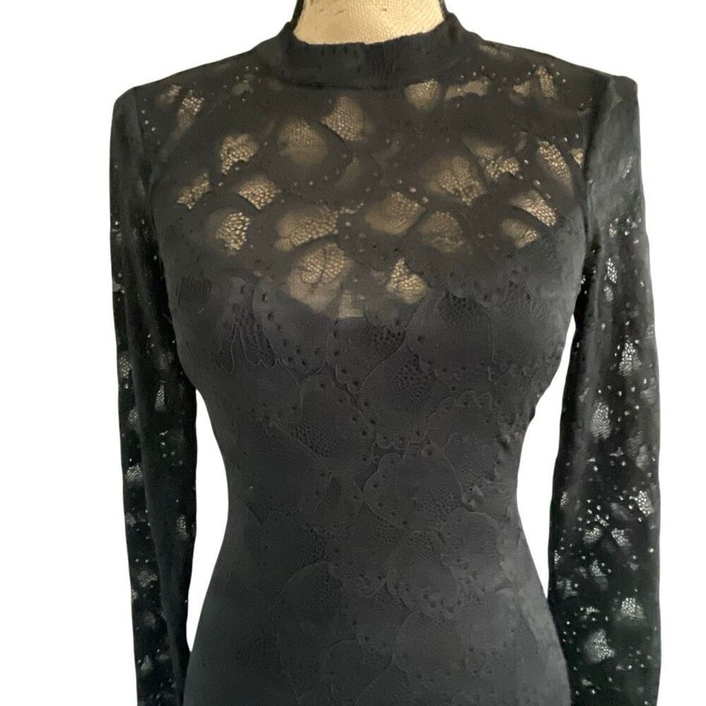 EUC Bebe Lace Long Sleeve High Neck Open Back Bodycon Black Mini Dress XS - Picture 5 of 11